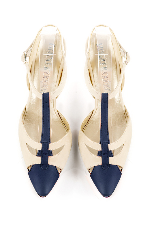 Navy blue and champagne beige women's open back T-strap shoes. Tapered toe. High slim heel. Top view - Florence KOOIJMAN